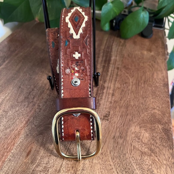 Accessories - Vintage Tooled Leather Belt Southwestern Aztec Tribal‎ Boho Women's Accessory